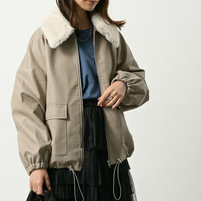 日本 ELENCARE DUE - 2way毛領質感仿皮俐落夾克外套-灰褐