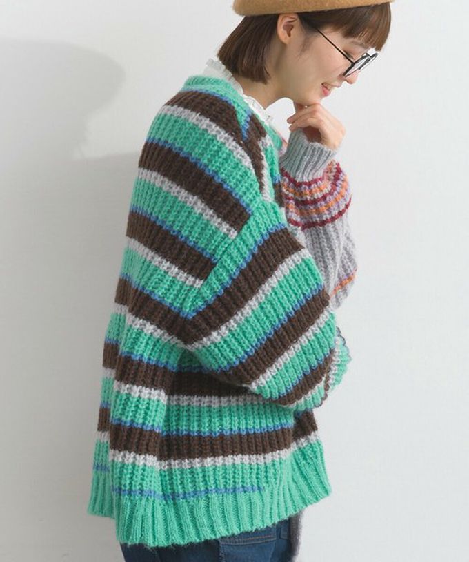 日本 Lupilien - 交錯明亮撞色條紋粗編毛衣-棕色系