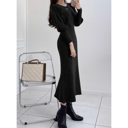 日本 GRL - 氣質圓領氣球袖針織魚尾洋裝-黑