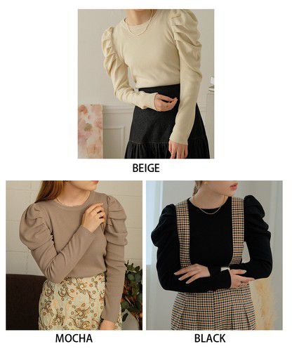 日本 Bou Jeloud - 高雅羊腿袖針織上衣-淺卡其