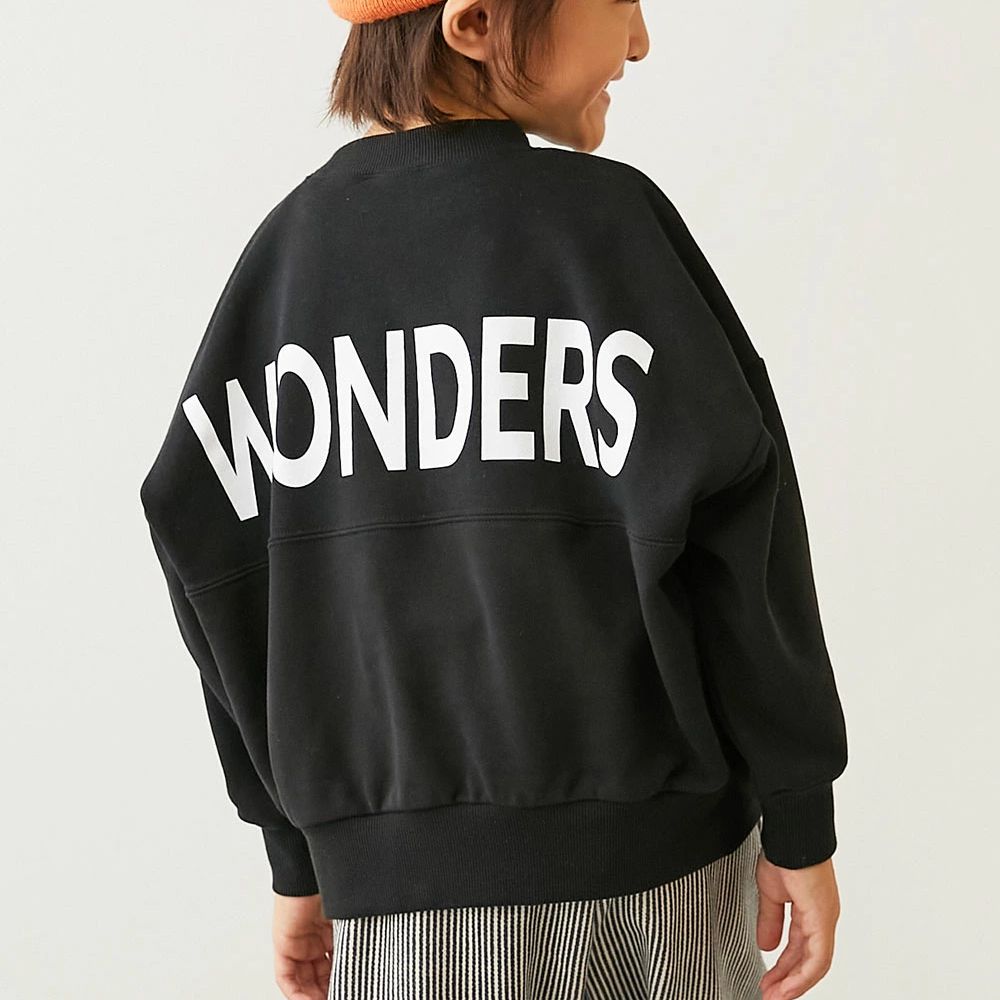 英文LOGO寬鬆感落肩長袖大學T-黑