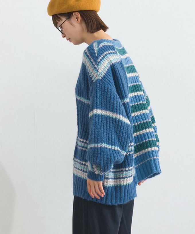 日本 Lupilien - 交錯明亮撞色條紋粗編毛衣-棕色系