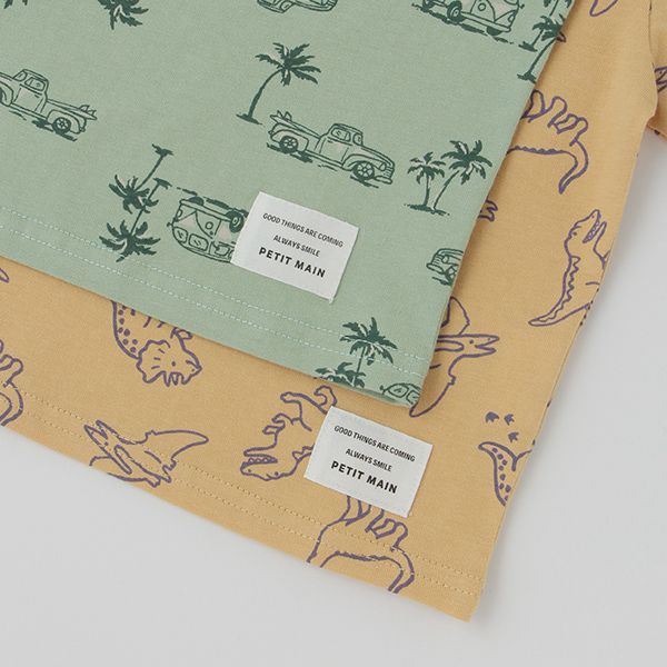 日本 petit main - 百搭印花短袖上衣-恐龍線條-卡其黃