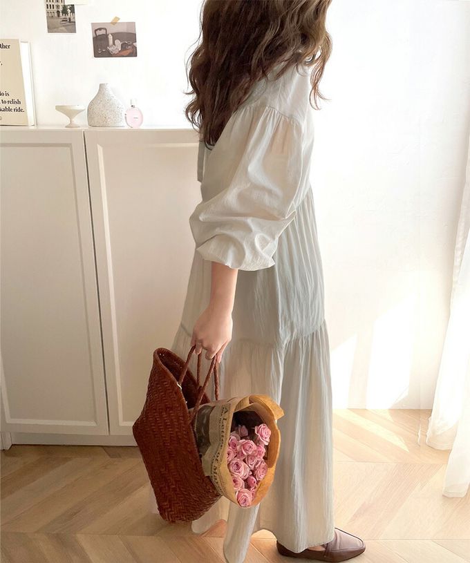 日本 Classical Elf - 百搭分層襯衫領大寬袖洋裝-摩卡