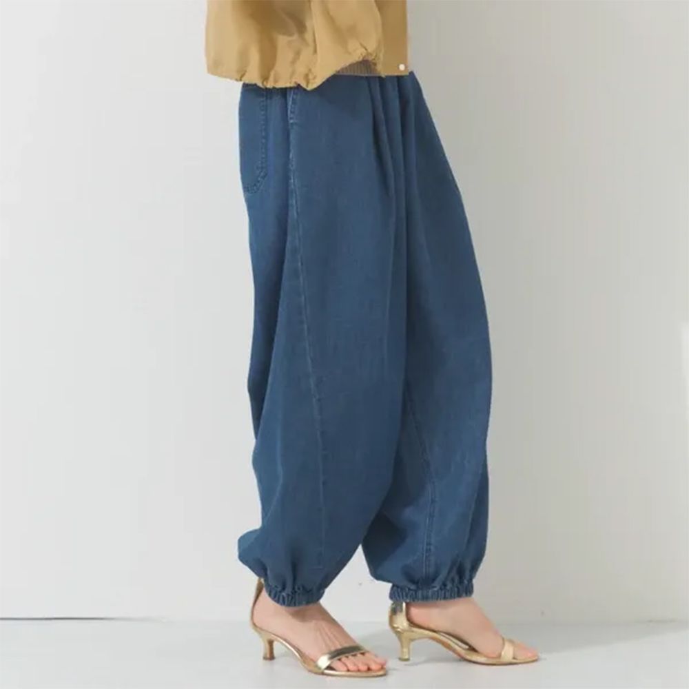 筒型立體感舒適束口丹寧褲-中藍