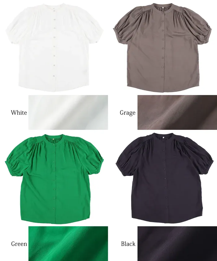 日本 COCA - 質感圓領泡泡短袖雪紡襯衫-白