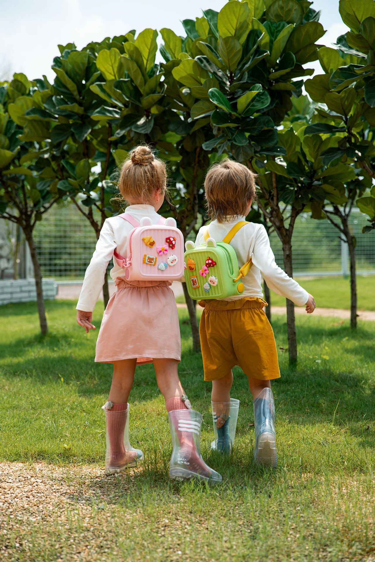 卡通DIY可拆式兒童後背包/小方包-珍珠奶茶+車車-綠色 (20.8x9.9x21.2cm)