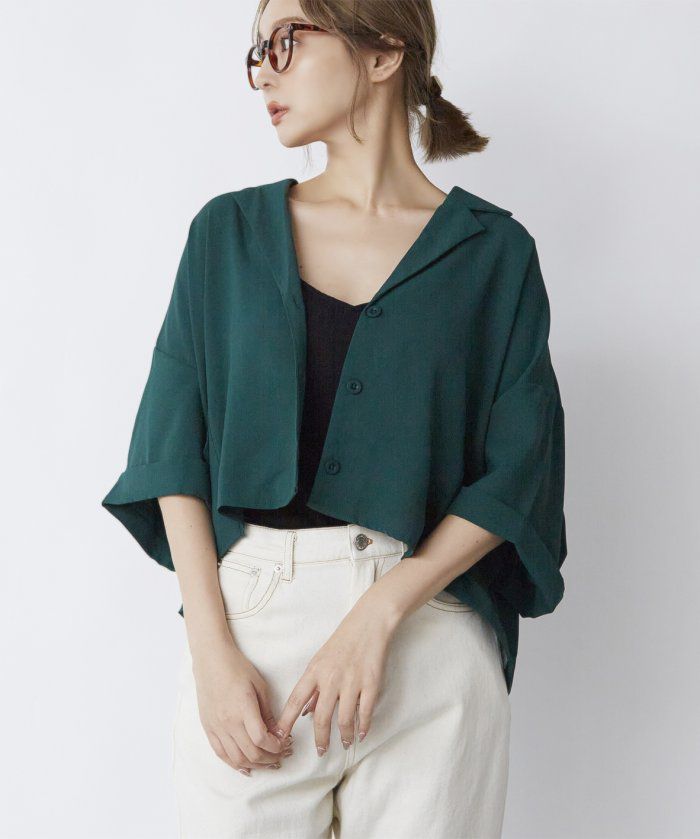 日本 Rejoule - 顯瘦前短後長五分袖寬版口袋襯衫-杏 (M(Free size))