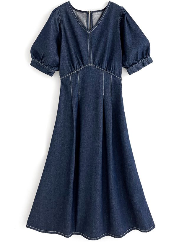 日本 GRL - V領酷甜丹寧泡泡短袖洋裝-海軍藍