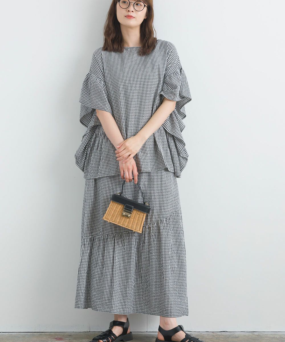 日本女裝代購 - 100%印度棉 超透氣飄逸長裙-大格紋-淺米杏