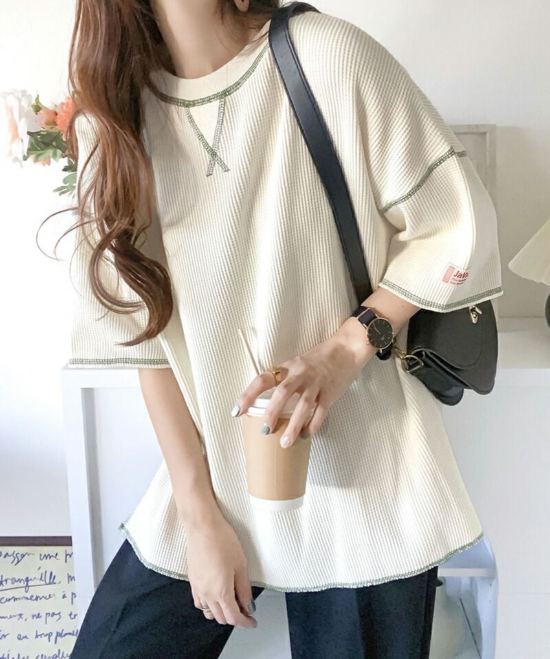 日本 Classical Elf - 2WAY華夫格落肩五分袖上衣-象牙杏