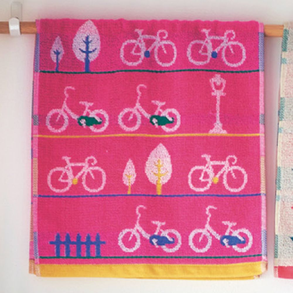 日本千趣會 - 葡萄牙製 純棉質感長毛巾-自行車-桃粉 (34x80cm)