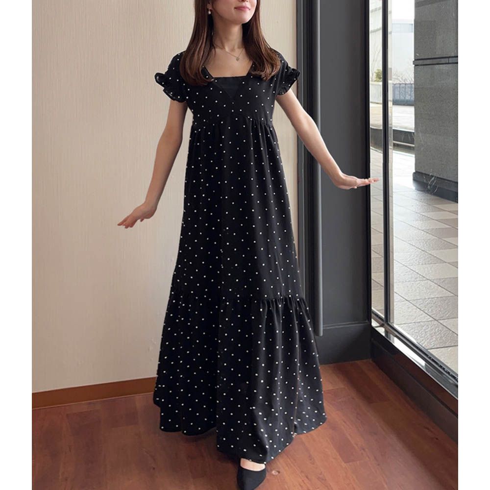 可愛波點V領小荷葉短袖洋裝-黑 (F)