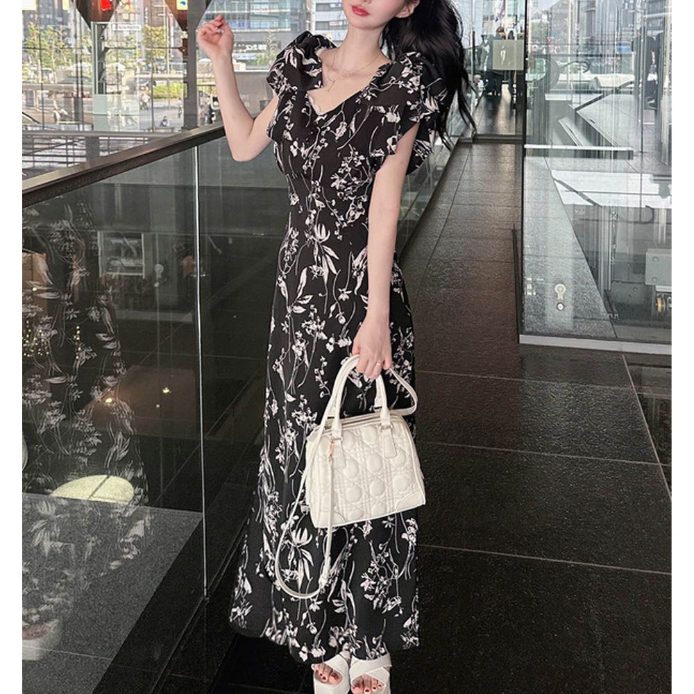 柔美花卉肩蝴蝶結V領短袖洋裝-黑