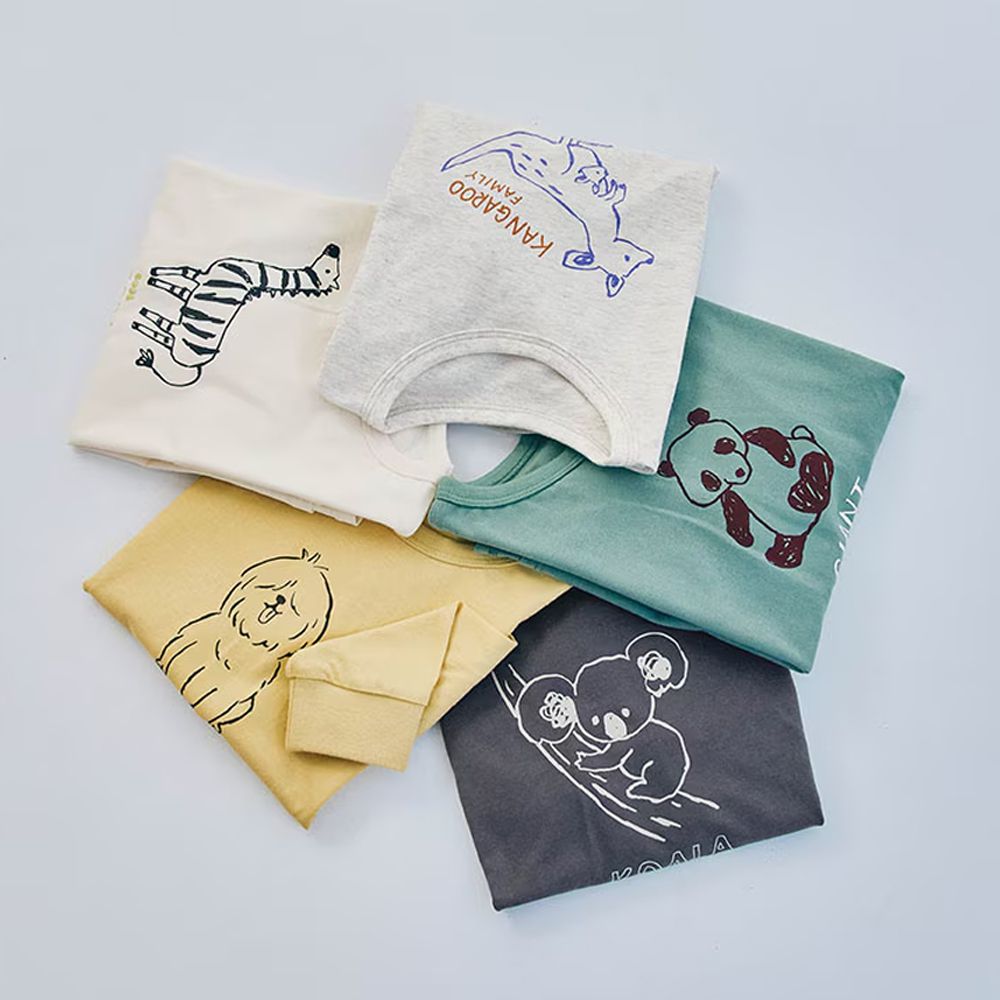 超值五件組 100%純棉印花長袖上衣-動物-黃米綠