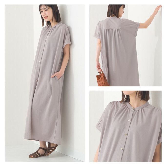 日本 OMNES - 接觸涼感 氣質金釦襯衫式短袖洋裝-海軍藍