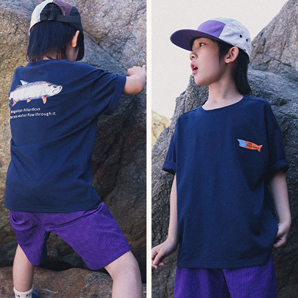 休閒圓領短袖上衣-潮流海魚-藏青