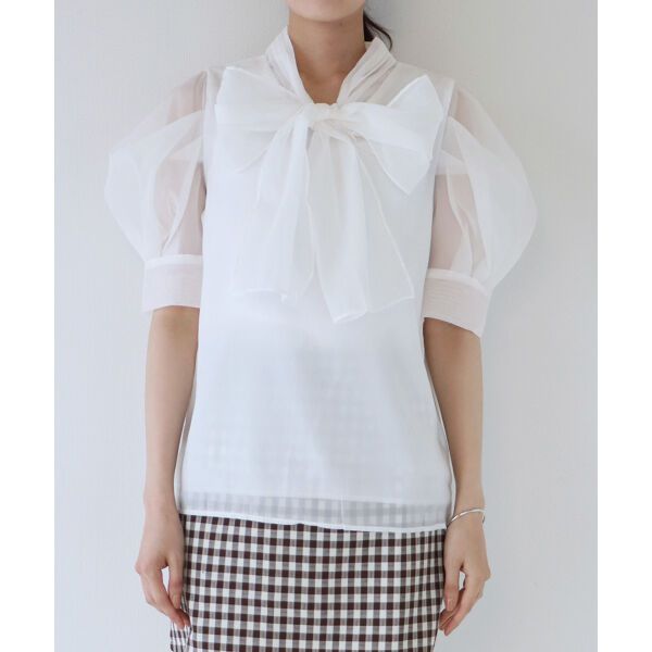 日本 BLUE EAST - 氣質薄紗蝴蝶結泡泡短袖上衣-白