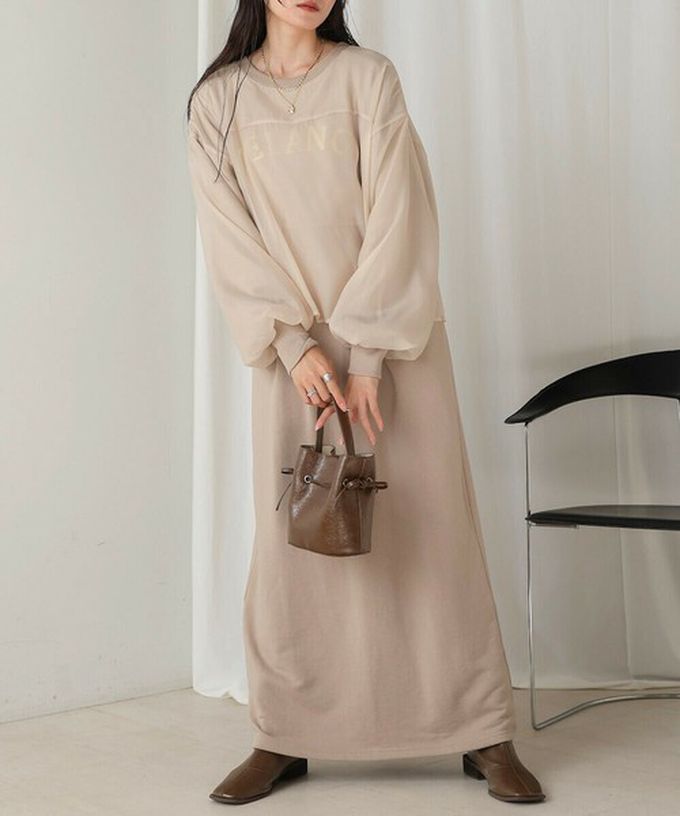 日本 Bab - [穿搭上手]薄紗層次運動風長袖洋裝-淺摩卡