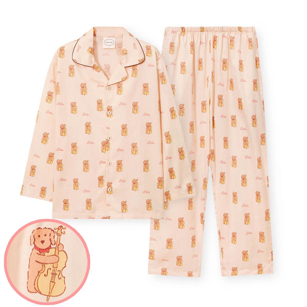 (爸爸)透氣輕柔棉翻領長袖睡衣套裝-狗狗大提琴-杏膚