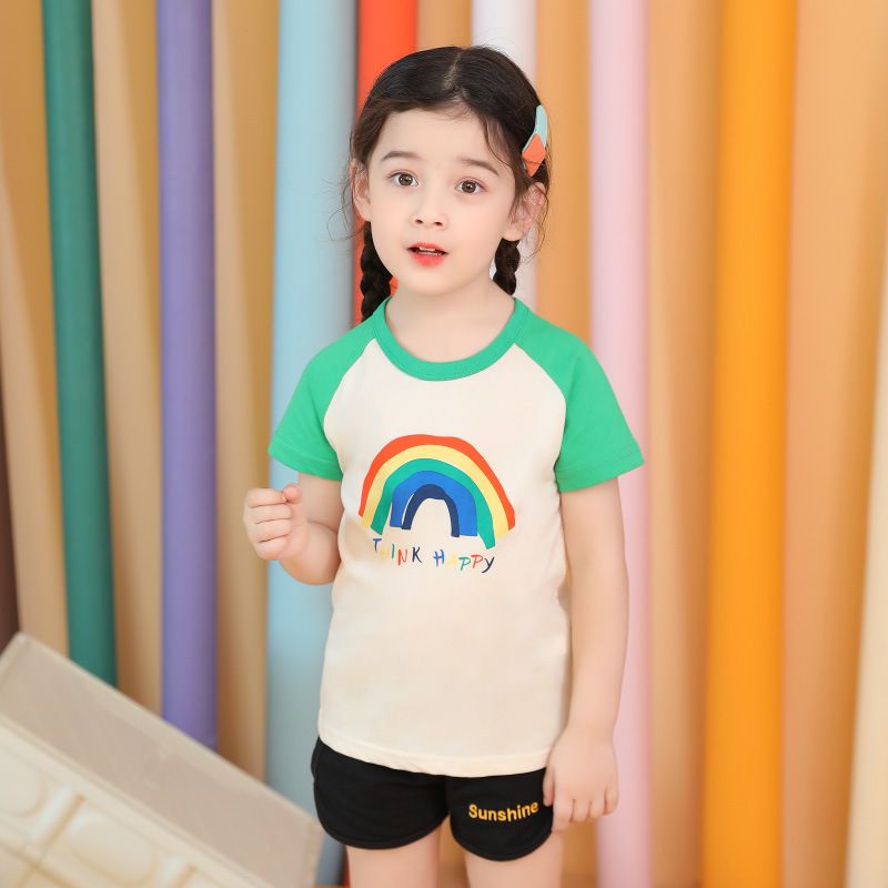 純棉短袖上衣-THINK HAPPY彩虹-米白+綠