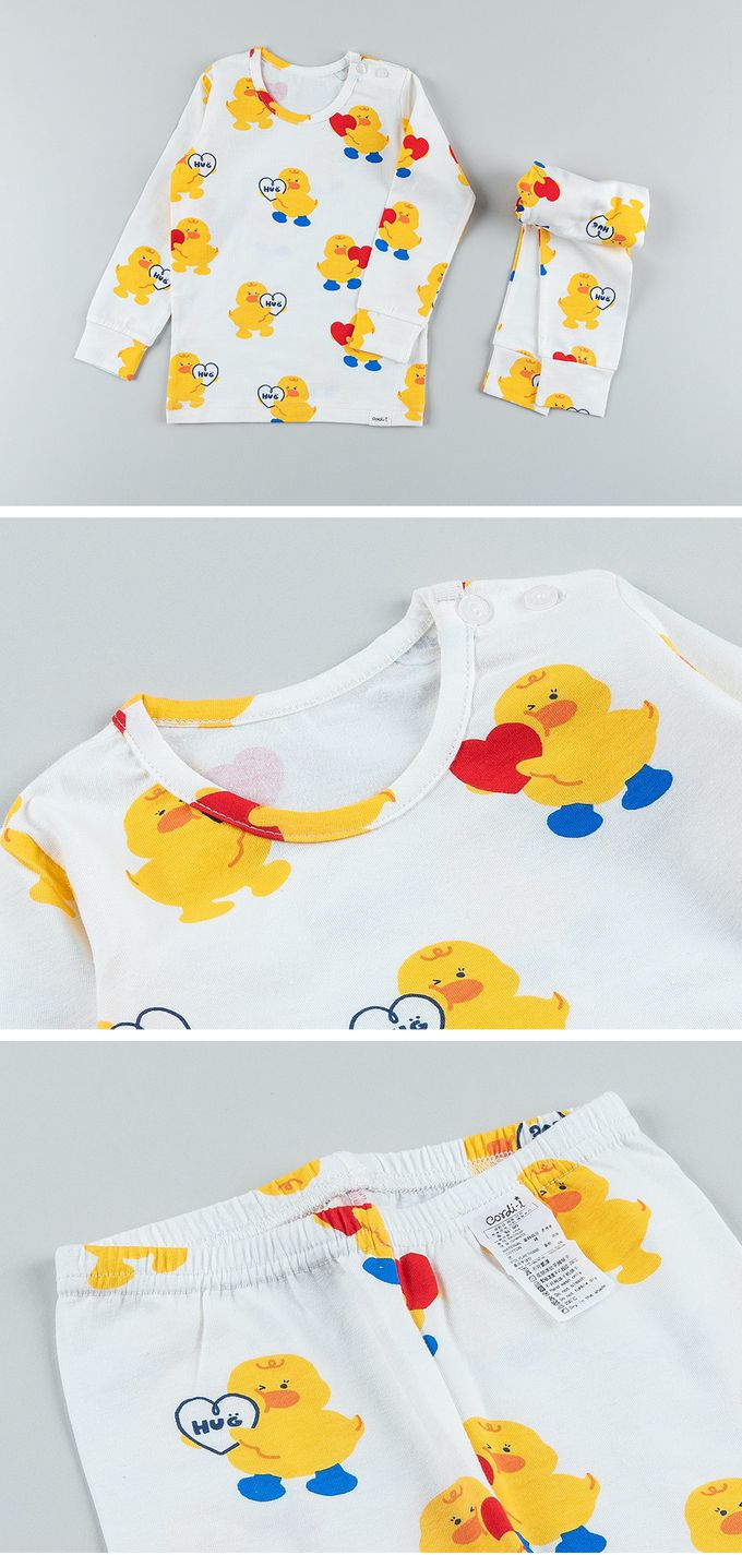 韓國 Cordi-i - 無螢光棉薄款彈性長袖家居服-愛心黃鴨-象牙白