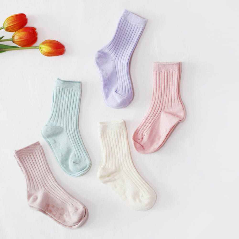 (五入組)韓製兒童羅紋中筒襪-莫蘭迪-粉X紫