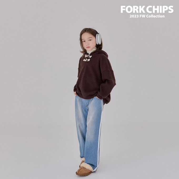 韓國 FORK CHIPS - (內磨毛)鬆緊腰雙線條點綴牛仔長褲-藍