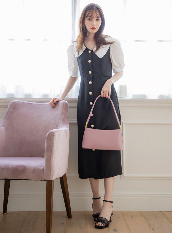 日本 GRL - 復古蕾絲領泡泡袖排扣洋裝-典雅黑