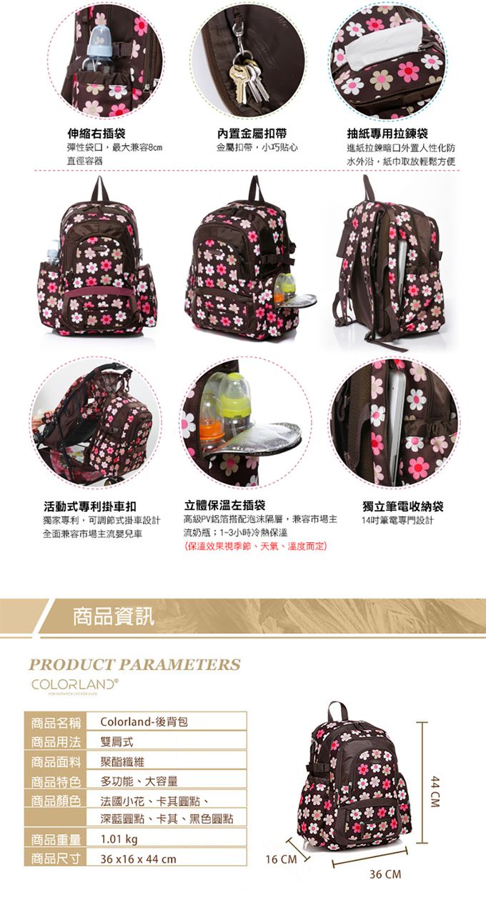 Colorland - 『經典款』加大升級版後背媽媽包-杏色圓點-三件組(掛車扣+濕物袋+隔尿墊)