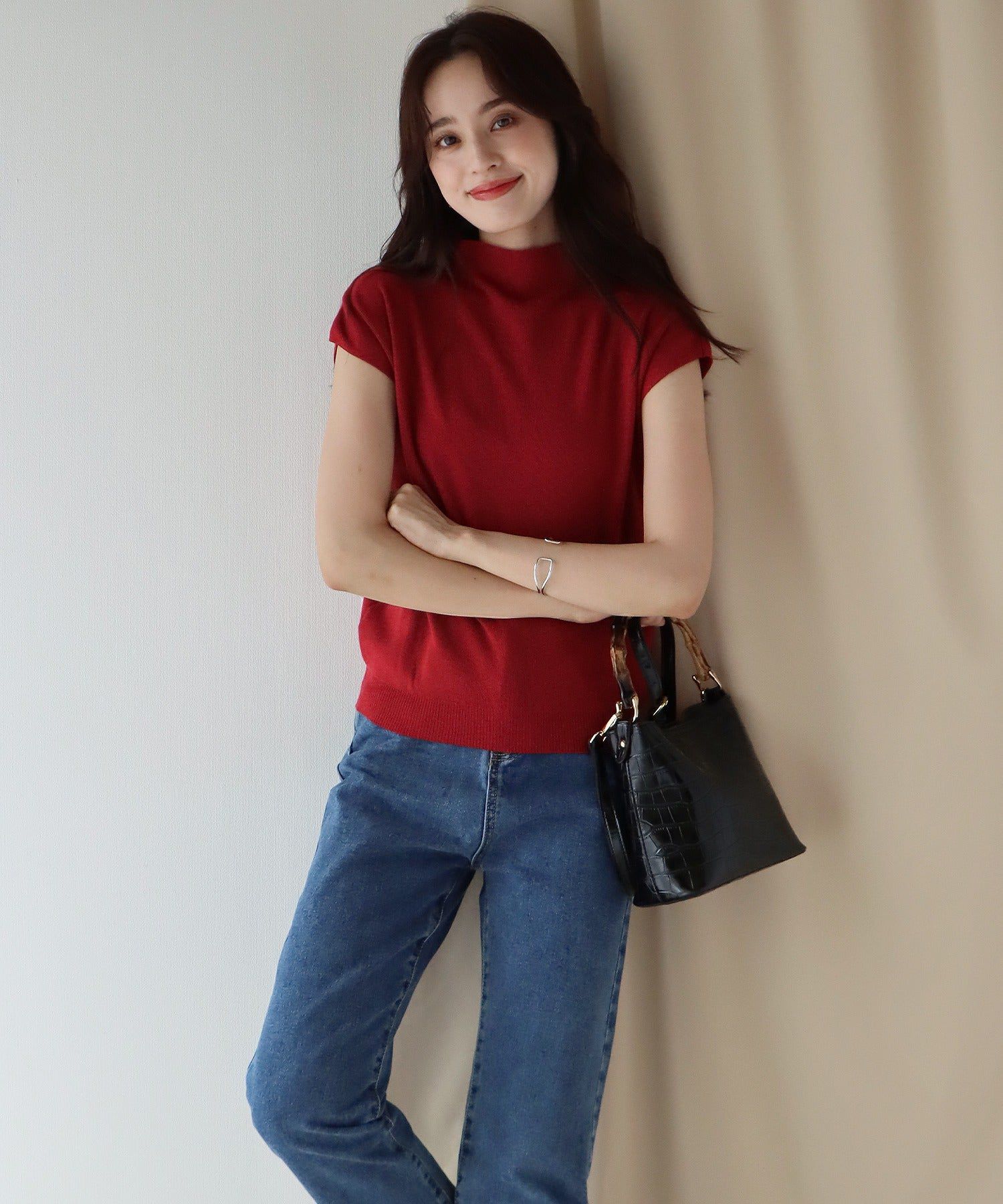 日本 BLUE EAST - 小立領法式袖薄針織上衣-橄欖綠