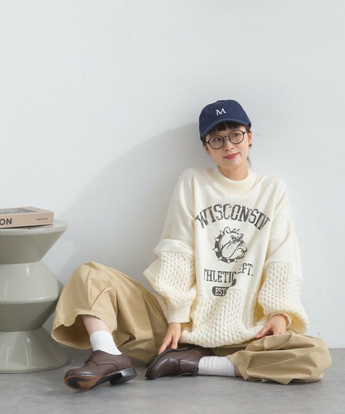 日本 Lupilien - 鬥牛犬印花粗針織拼接裏毛長袖上衣-酒紅