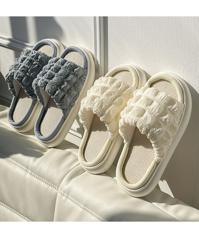 厚底海綿感亞麻室內拖鞋-鬆餅格-灰色