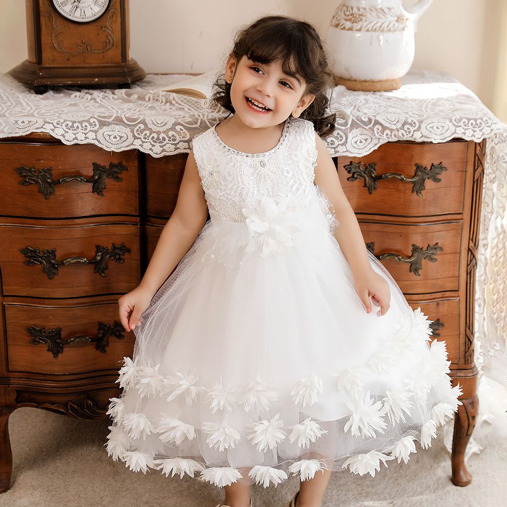 蕾絲網紗圓領無袖公主裙-立體花花-粉色