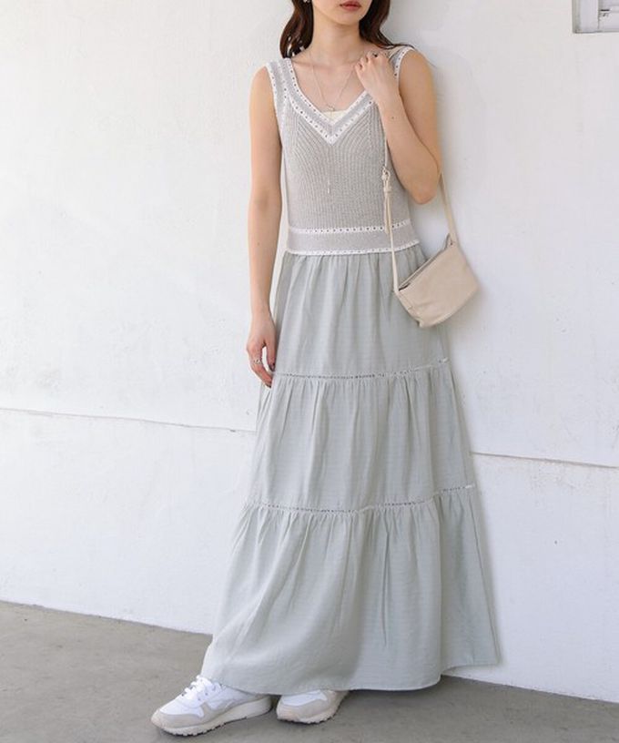 日本 Bab - 純棉針織拼接渡假風無袖洋裝-淺灰綠