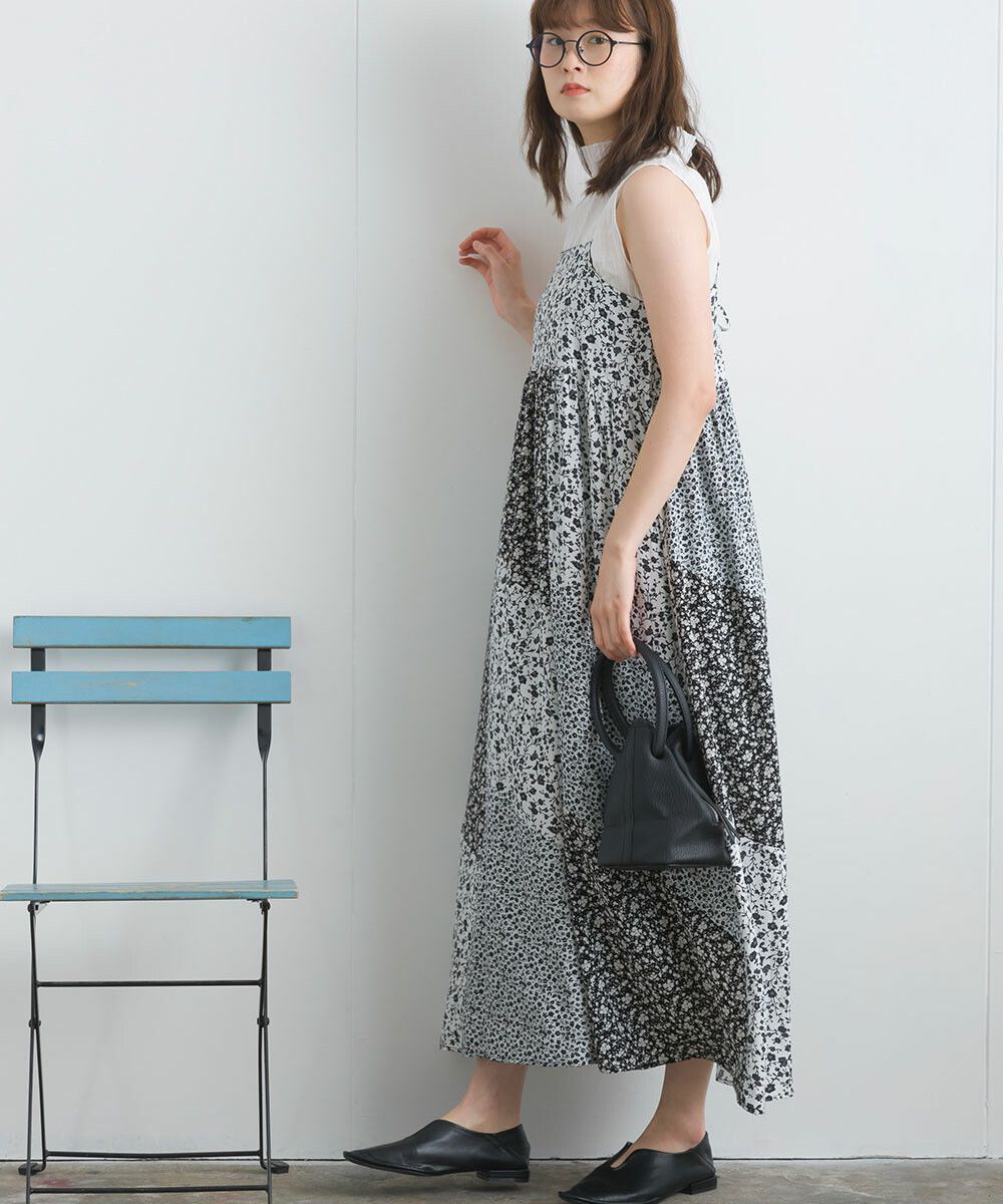 日本女裝代購 - 質感碎花拼接吊帶裙/洋裝-經典黑