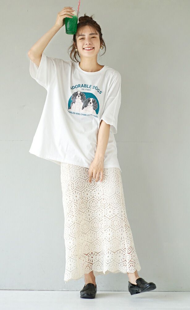 日本 zootie - 棉混落肩狗狗印花短T-白