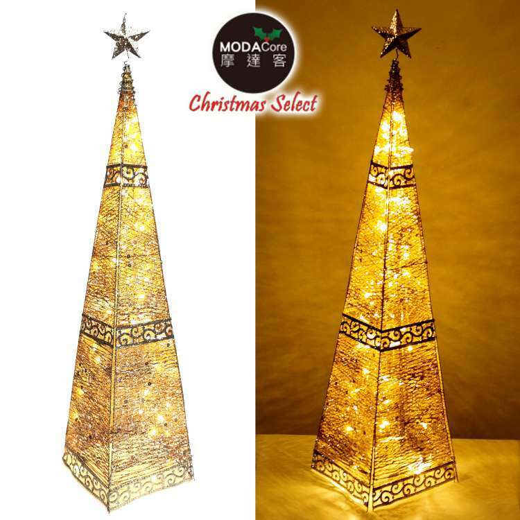 MODACore 摩達客 - 耶誕-180cm復古歐式聖誕裝飾四角樹塔(金色系)+LED100燈暖白光插電式燈串(附控制器)_中落地型_本島免運費
