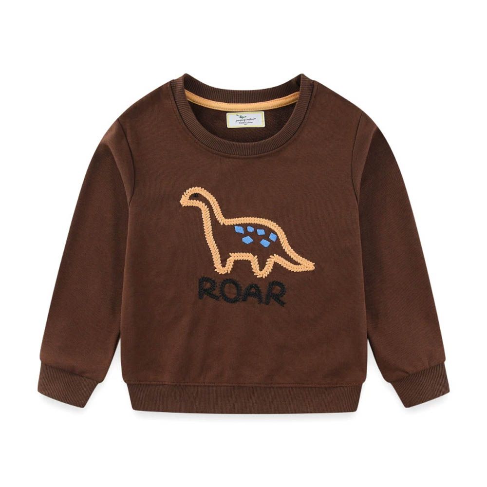 圓領棉質長袖上衣/大學T-立體繡線恐龍-咖啡色