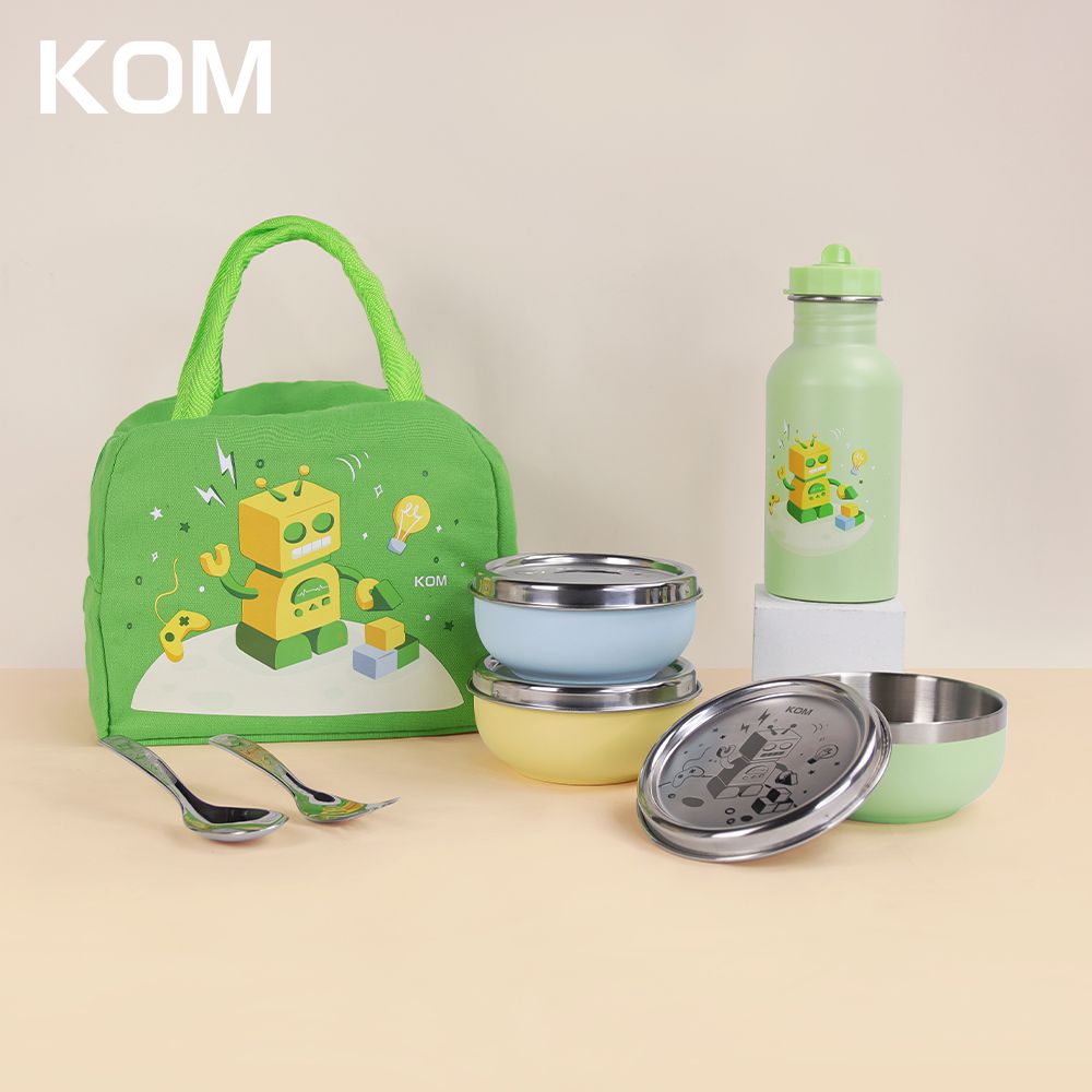KOM - 夢想系列｜磨砂316不鏽鋼兒童隔熱碗三款各1+叉匙組+隨身瓶+便當袋-機器人