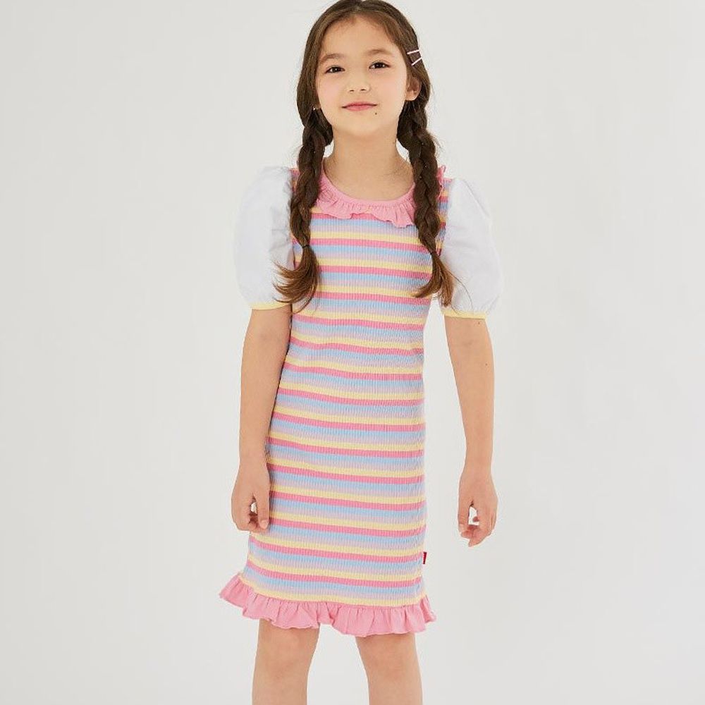 韓國 OZKIZ - 彩色條紋泡泡袖連身洋裝