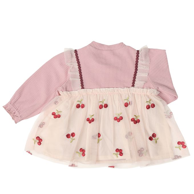 akachan honpo - 長袖假兩件休閒上衣-刺繍-粉紅色