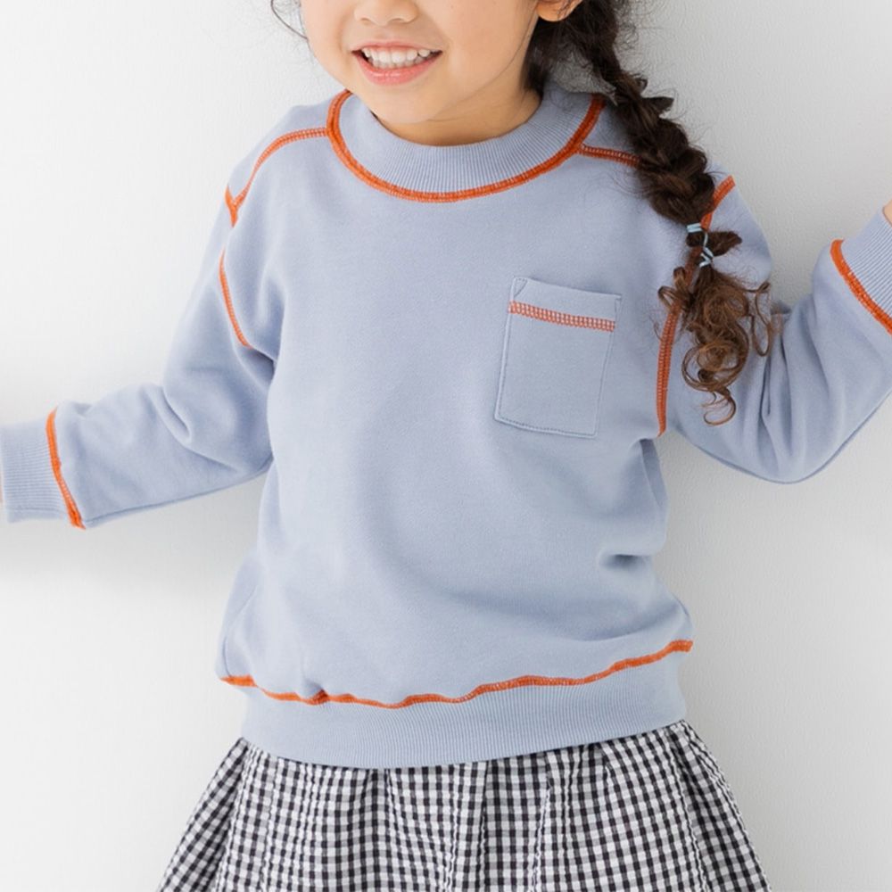 配色縫線簡約裏毛長袖上衣-水藍x橘線