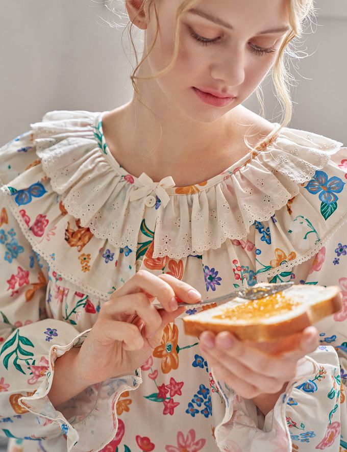 韓國 ULLALA - 童話熊花園荷葉領長袖睡衣套裝-淡黃 (FREE)