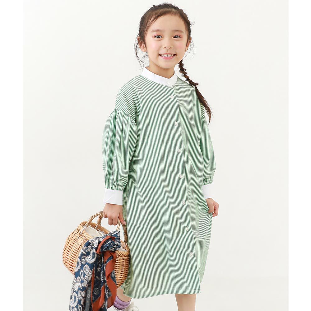 日本 devirock - 2WAY氣球袖襯衫式開襟洋裝-條紋-綠