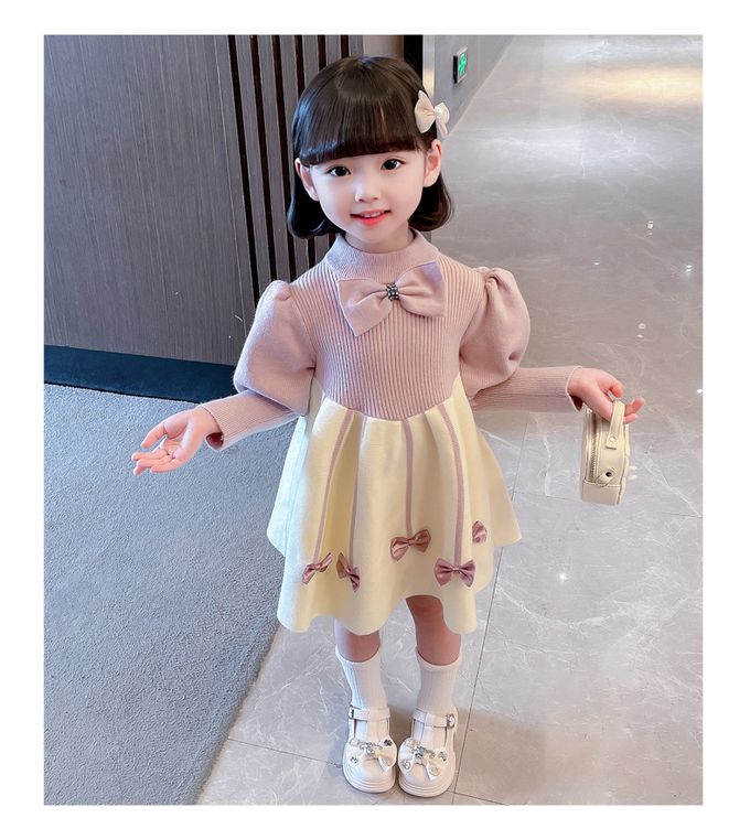 加絨針織半高領連身裙-蝴蝶結-粉+米白