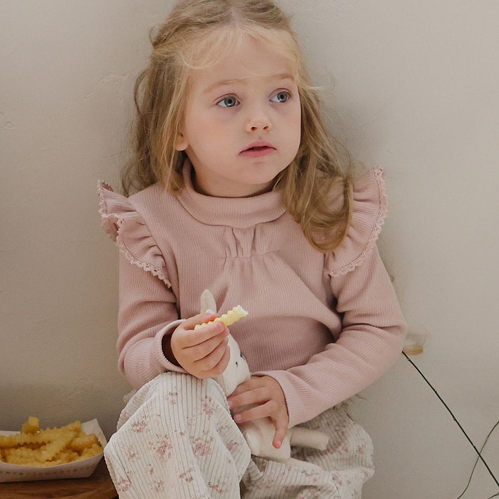 Puellaflo 胸前抓褶小翅膀裝飾彈性長袖上衣-粉