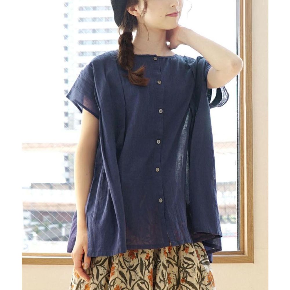 日本 zootie - 純棉輕薄圓領寬鬆短袖襯衫-深藍