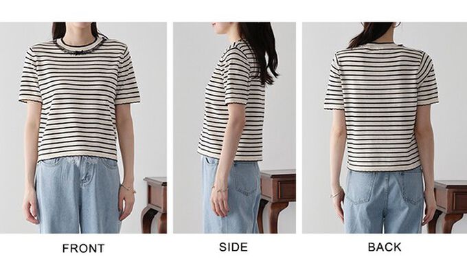 日本 BLUE EAST - 蕾絲蝴蝶結領條紋針織短袖上衣-象牙白