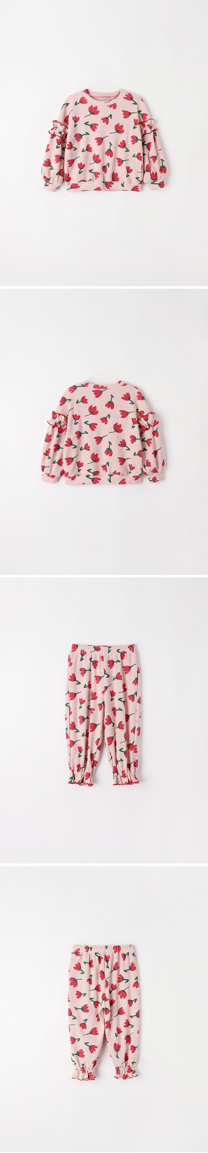 韓國 OZKIZ - 鬱金香鬆餅格紋長袖縮口套裝-紅花